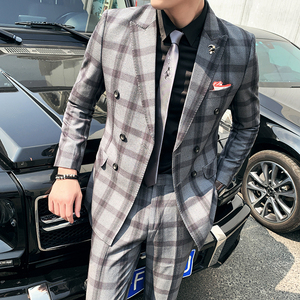秋冬双排扣西服套装男两件套青年格子韩版修身西装A470-TZ20-P225图片
