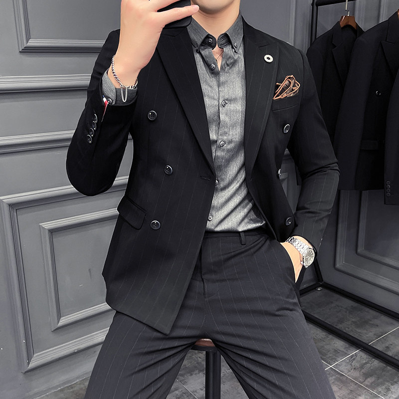 西服套装修身条纹休闲商务双排扣两件套A207-LJT35-P185大码加价,男装西服套装,电商A207