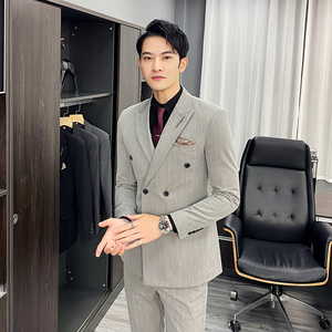 西服套装男修身条纹休闲商务西装双排扣三件套TZ35-P230大码加价图片