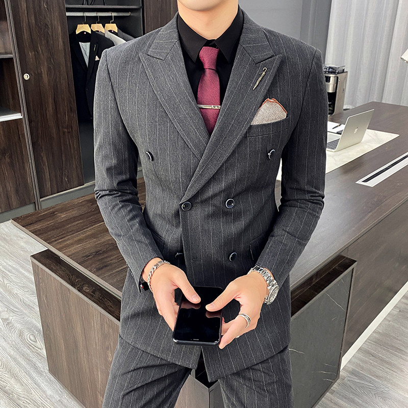 西服套装男修身条纹休闲商务西装双排扣三件套TZ35-P230大码加价,男装西服套装,电商A207