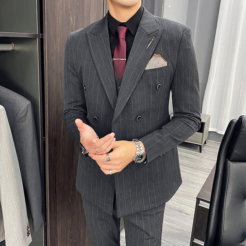 西服套装男修身条纹休闲商务西装双排扣三件套TZ35-P230大码加价,男装西服套装,电商A207