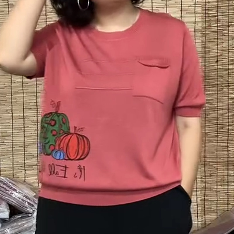 圆领生活版印花时尚休闲短袖针织衫亲肤透气舒适百搭遮肚显瘦T恤