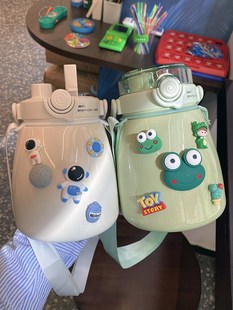 代购GP不锈钢保温杯学生大容量带吸管水杯便携背带双饮杯子可爱女