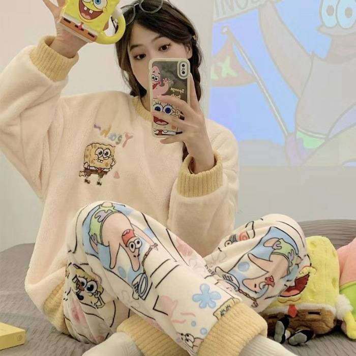 爆款睡衣女秋冬法兰绒短绒学生卡通可爱甜美长袖家居服套装外穿