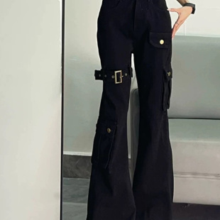 工装 喇叭裤 微喇牛仔裤 多口袋马蹄裤 子 女2025春秋新款 黑色辣妹修身