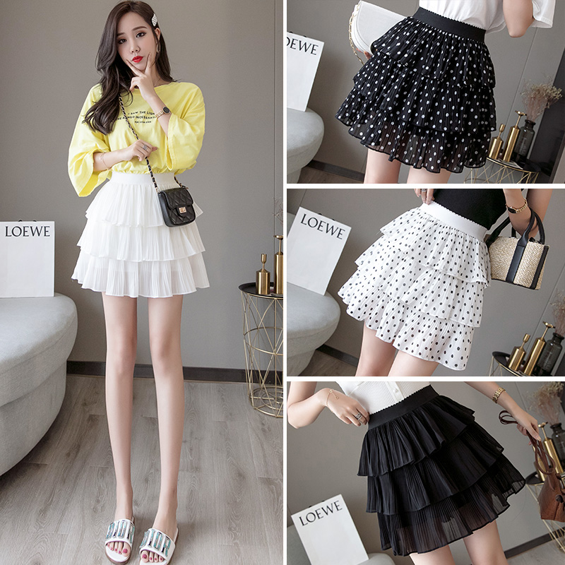 新款春季韩版百褶荷叶边雪纺半身裙A字高腰层层蛋糕短裙裤女