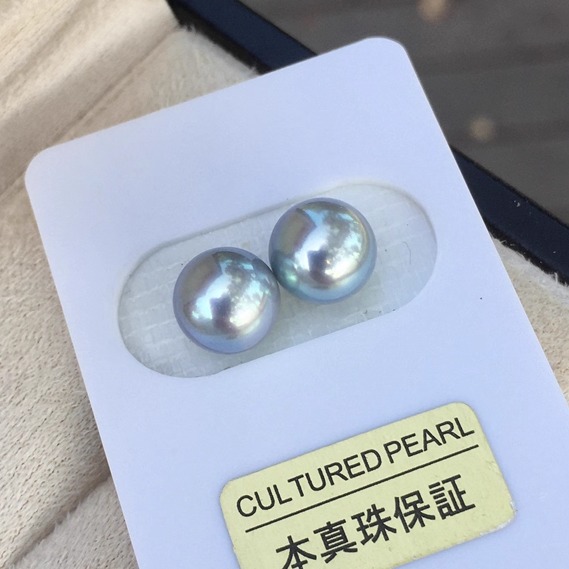 8-9mm正圆强银灰色真多麻海水珍珠 耳钉耳环专用裸珠对珠