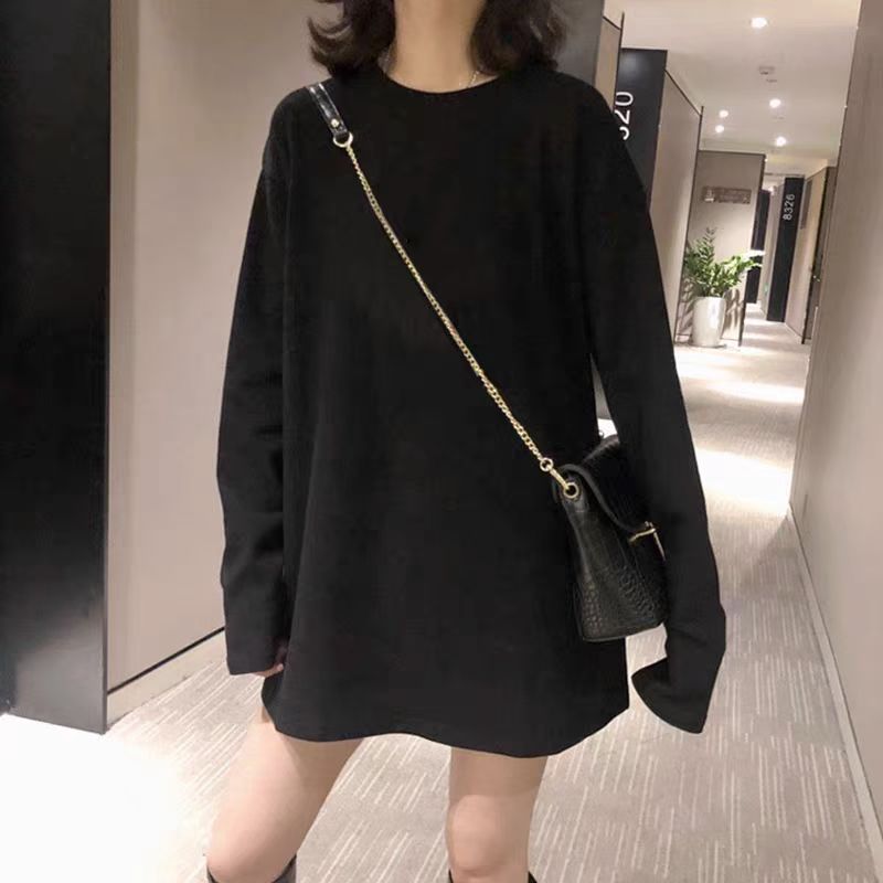 2025新款女装简约百搭圆领长袖T恤宽松显瘦打底衫上衣女200斤德绒