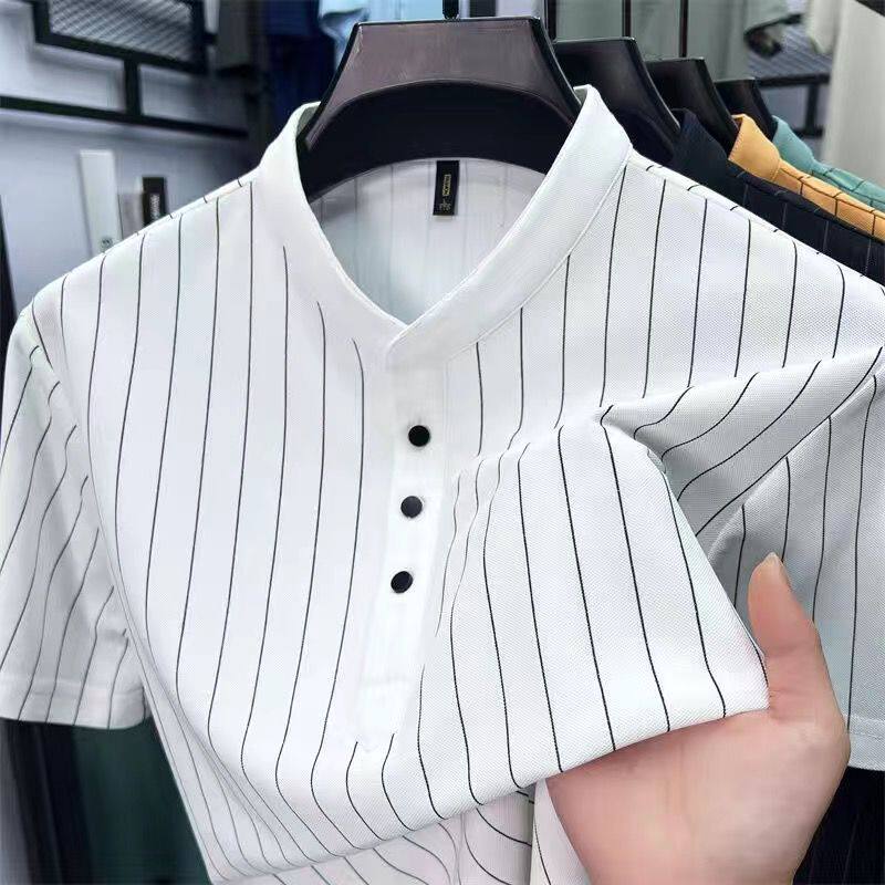 高品质POLO衫男士短袖简潮商务休闲黑白条纹小立领半袖透气t恤衫