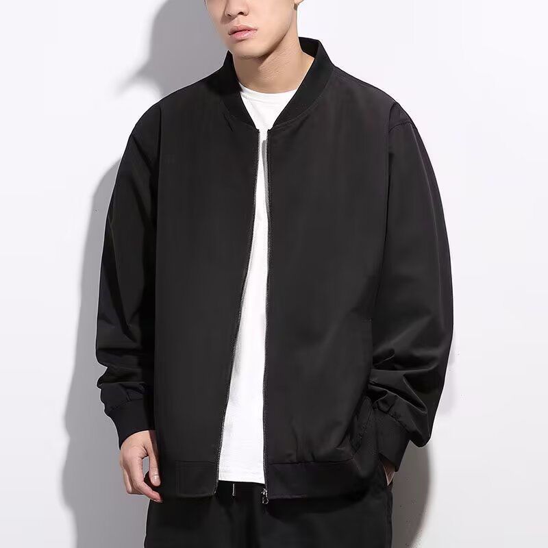 美式高街纯色外套日系棒球服男款春秋季复古印花工装机能夹克男士