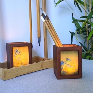 实木笔筒中式复古中式桌面收纳盒创意千里江山图送老板朋友同学