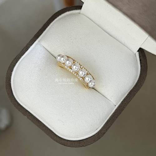 海小姐天然高品质baby淡水珍珠戒指 S925纯银多珠一排戒精致女生