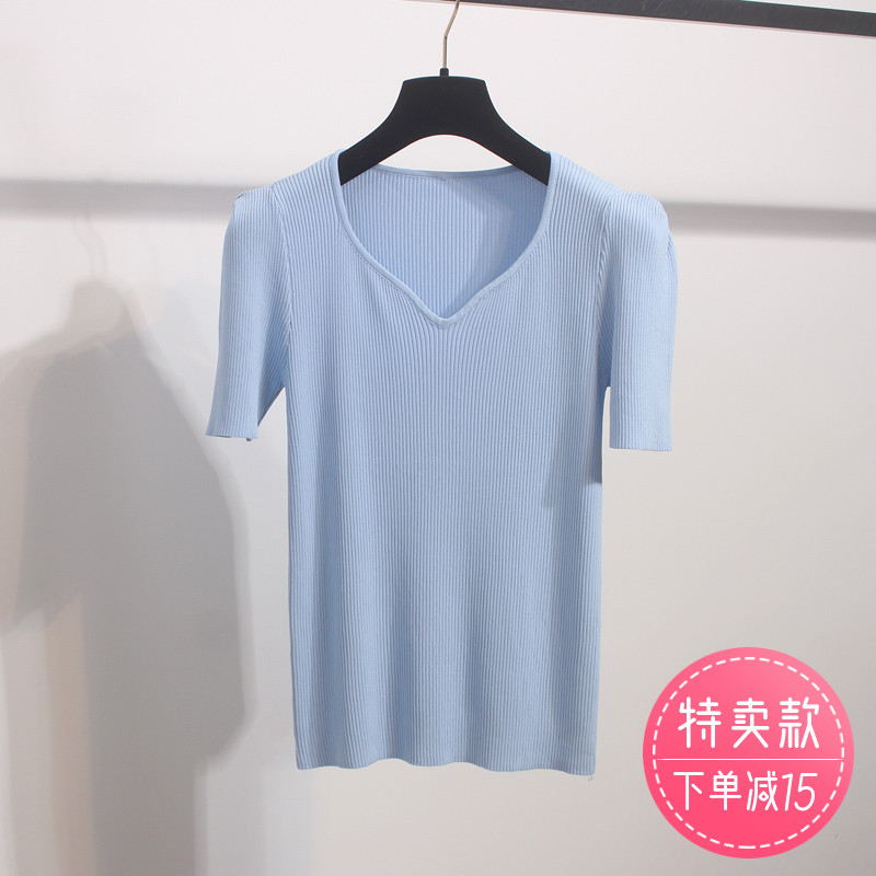 夏季新款弹力冰丝套头V领短袖针织衫女韩版纯色修身显瘦鸡心领T恤