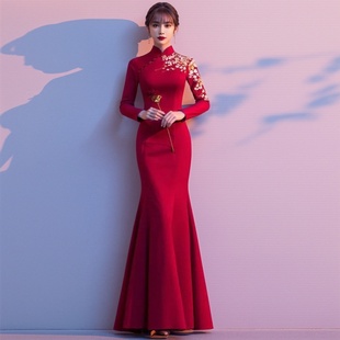 鱼尾结婚旗袍立领 订婚礼服回门便装 敬酒服气质新娘长袖 红色新中式