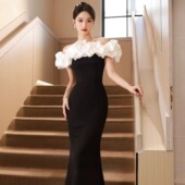 法式 高级感气质名媛吊带礼服长裙子 复古黑色透气连衣裙女秋冬新款