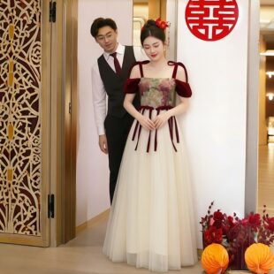 红色拼接网纱毕业典礼夏季礼服裙订婚敬酒出阁宴答谢宴气质长裙女