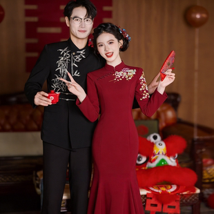 红色立领长袖修身显瘦鱼尾晚礼服裙女高级感敬酒服订婚礼服小个子