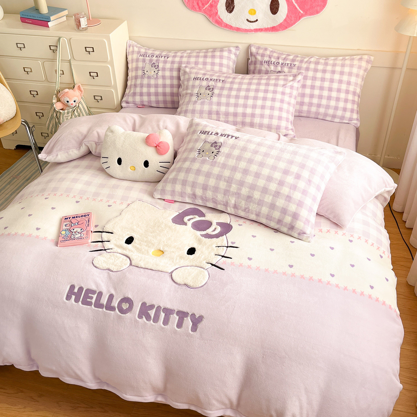 Hellokitty牛奶绒四件套保暖加厚珊瑚绒被套床单儿童双面绒三件套