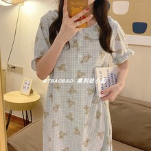 2024年新款 薄款 学生可外穿夏天家居服睡衣 纯棉短袖 格子睡裙女夏季