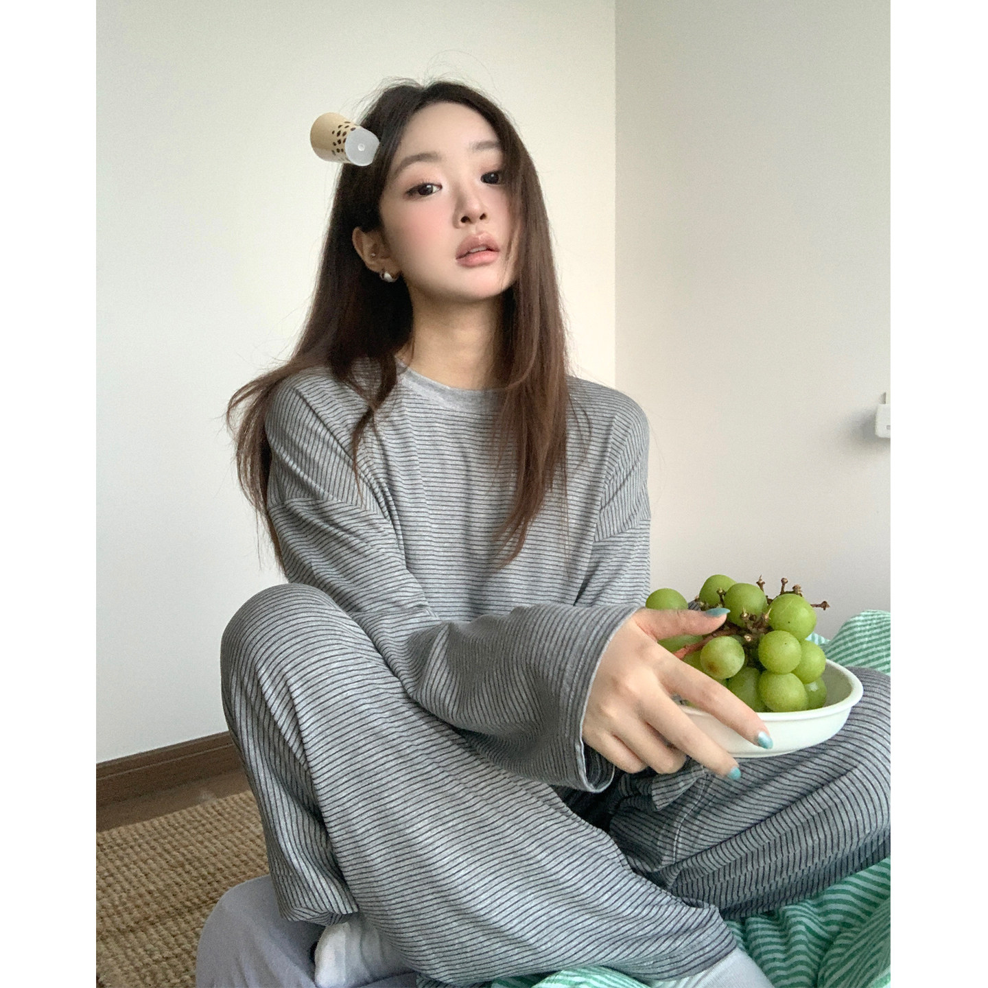 条纹莫代尔情侣款睡衣男女秋季新款长袖长裤圆领套头可外穿家居服