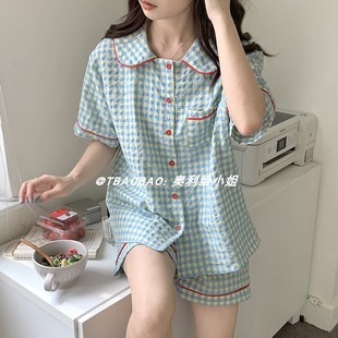 两件套学生韩版 ins风撞色格子睡衣女夏季 短裤 薄款 家居服 纯棉短袖