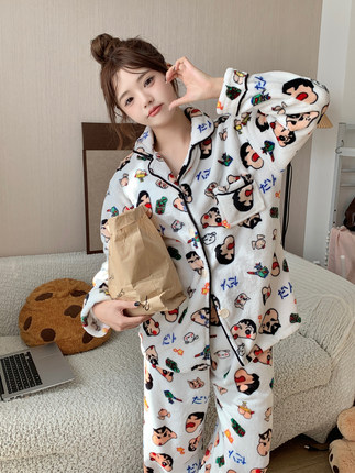 可爱蜡笔小新珊瑚绒睡衣女冬季新款加绒加厚少女毛绒家居服两件套