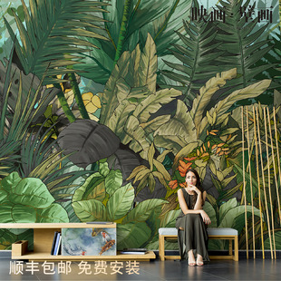 背景墙壁布水墨山水国画灌木丛林千里江山图3D会议室中式