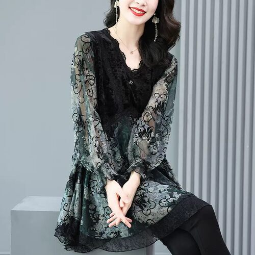 雪纺衫女复古印花上衣