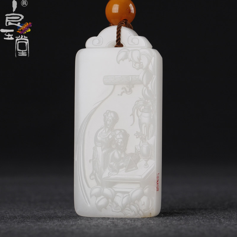 【良玉堂】93克和田特级籽料牌·双娇·海派张良作品 脂白。