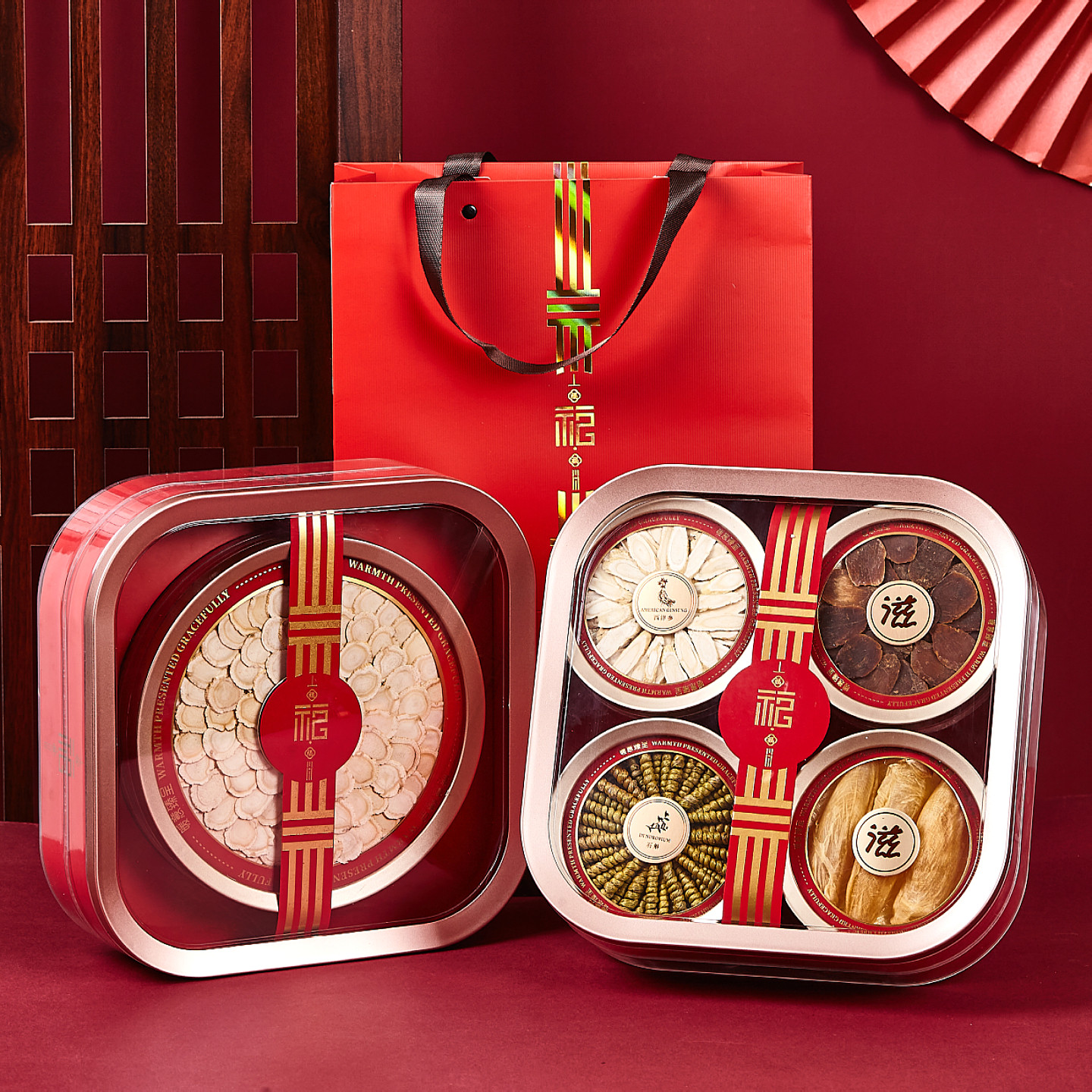 喜庆红色西洋参石斛燕窝包装盒四拼滋补品海参鹿茸红参礼品盒空盒