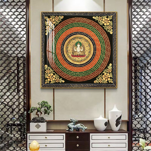 黑金唐卡挂画六字真言心经玄关壁画坛城佛堂咒轮西藏黄财神装饰画