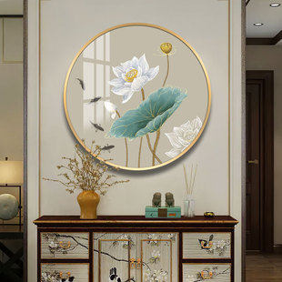 新中式 饰画茶室餐厅走廊莲花禅意挂画圆形客厅背景墙画 荷花玄关装