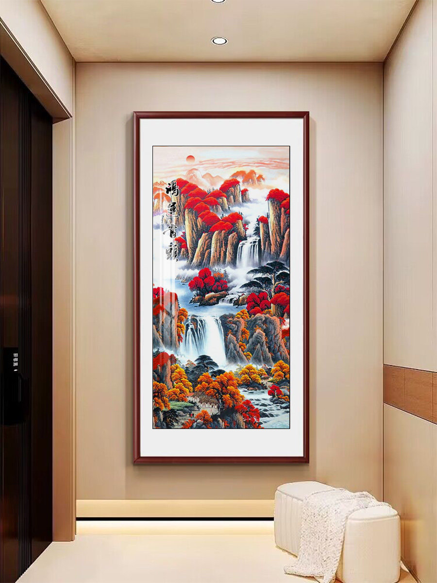 鸿运当头山水画新中式入门玄关装饰画竖版走廊尽头挂画客厅壁画