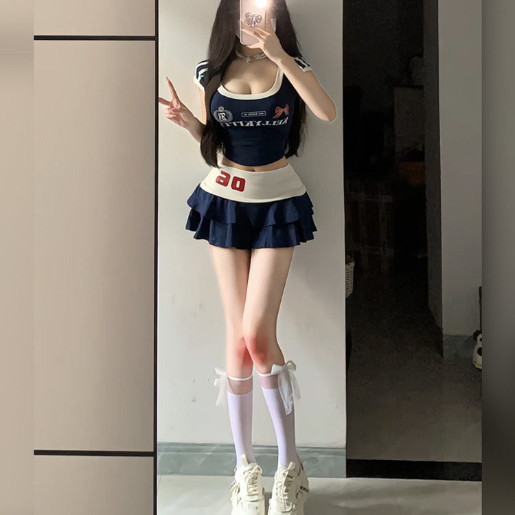 足球宝贝美式复古撞色显瘦短袖T恤上衣女夏辣妹风性感运动套装潮