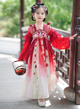 汉服女童红色儿童古装新款中国风唐装古风女孩超仙公主连衣裙中秋