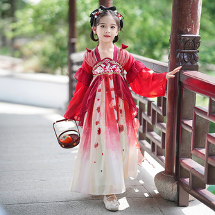 汉服女童红色儿童古装新款中国风唐装古风女孩超仙公主连衣裙中秋