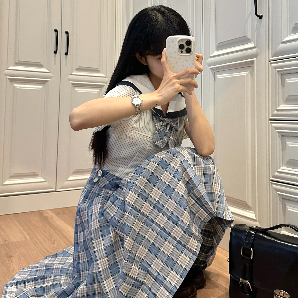 口袋商店【小水】TR 前箱褶jk制服格裙+同格平角领结