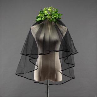 新款韩式新娘头纱 黑色长款礼服披纱复古婚纱头饰结婚万圣节配饰