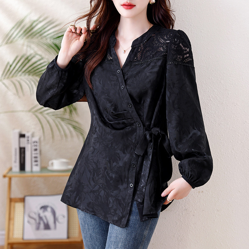 thumbnail for September Momo Plus Size High-End Light Luxury Long-Sleeve T-shirt Women's Shirt, Covers the Belly for Plump Girls, Slimming, Elegant Top