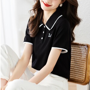 九月陌墨珠地棉刺绣POLO领T恤女短袖显瘦休闲上衣2023年夏季新款