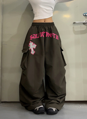 DoubleD美式撞色豹纹十字架印花褶皱伞兵工装裤多口袋弯刀阔腿裤