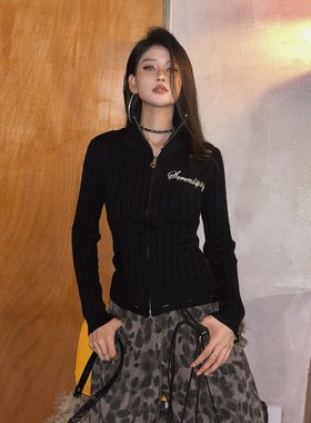 DoubleD复古麻花纹立领破洞开衫毛衣女冬黑色修身显瘦针织衫上衣