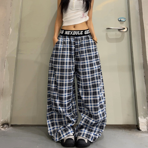 美式复古蓝格字母印花阔腿裤女