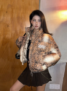 DoubleD美式复古豹纹立领棉服女加厚保暖外套冬季短款棉袄面包服