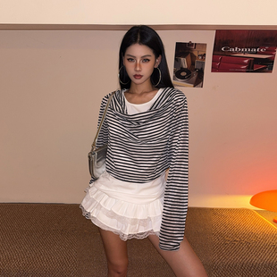 条纹罩衫 DoubleD夏季 薄款 长袖 上衣 两件套背心T恤女宽松休闲设计款