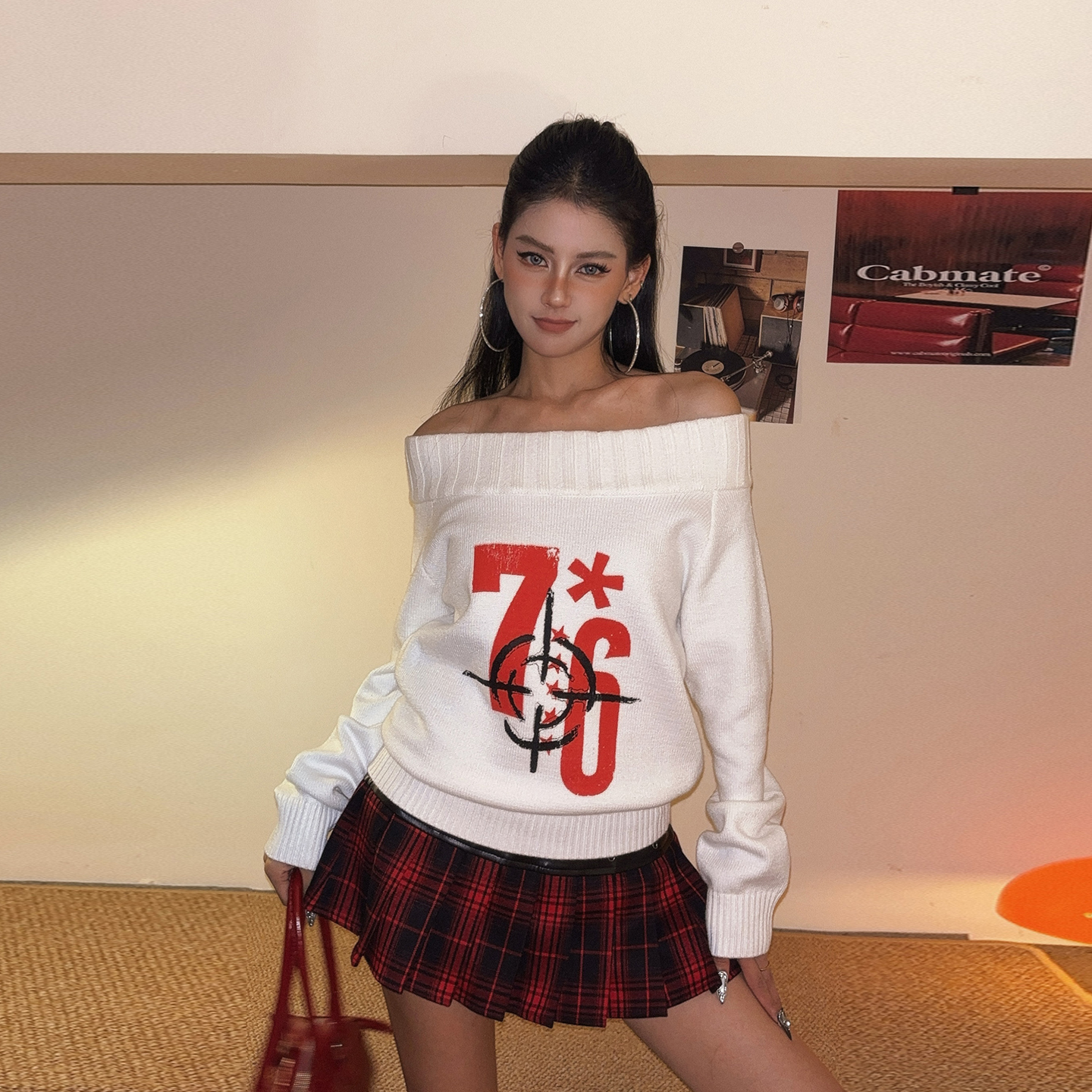 DoubleD美式复古设计感数字印花一字领针织衫毛衣女秋冬辣妹上衣