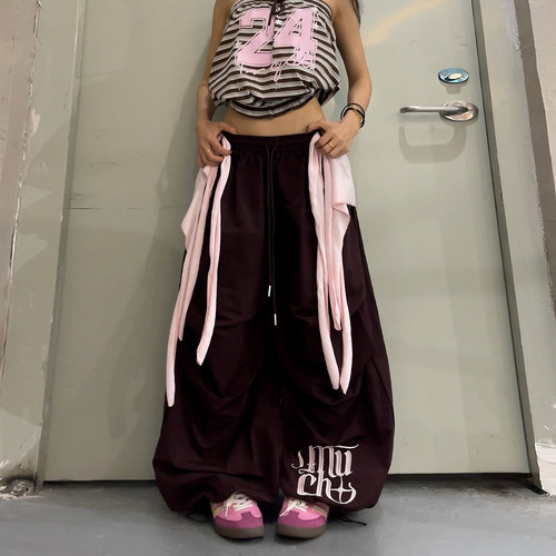 女美式嘻哈咖色绑带阔腿裤显瘦
