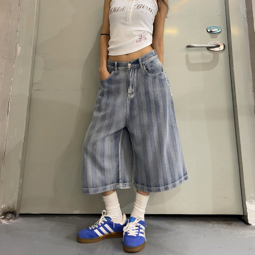 夏季薄款高腰宽松牛仔七分裤女