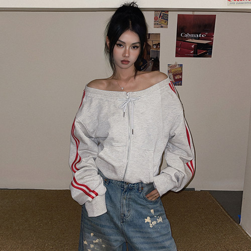 2025美式一字领露肩长袖卫衣