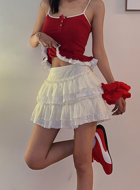 DoubleD白色半身裙女美式泽西风蕾丝花边蛋糕裙甜酷辣妹百褶短裙